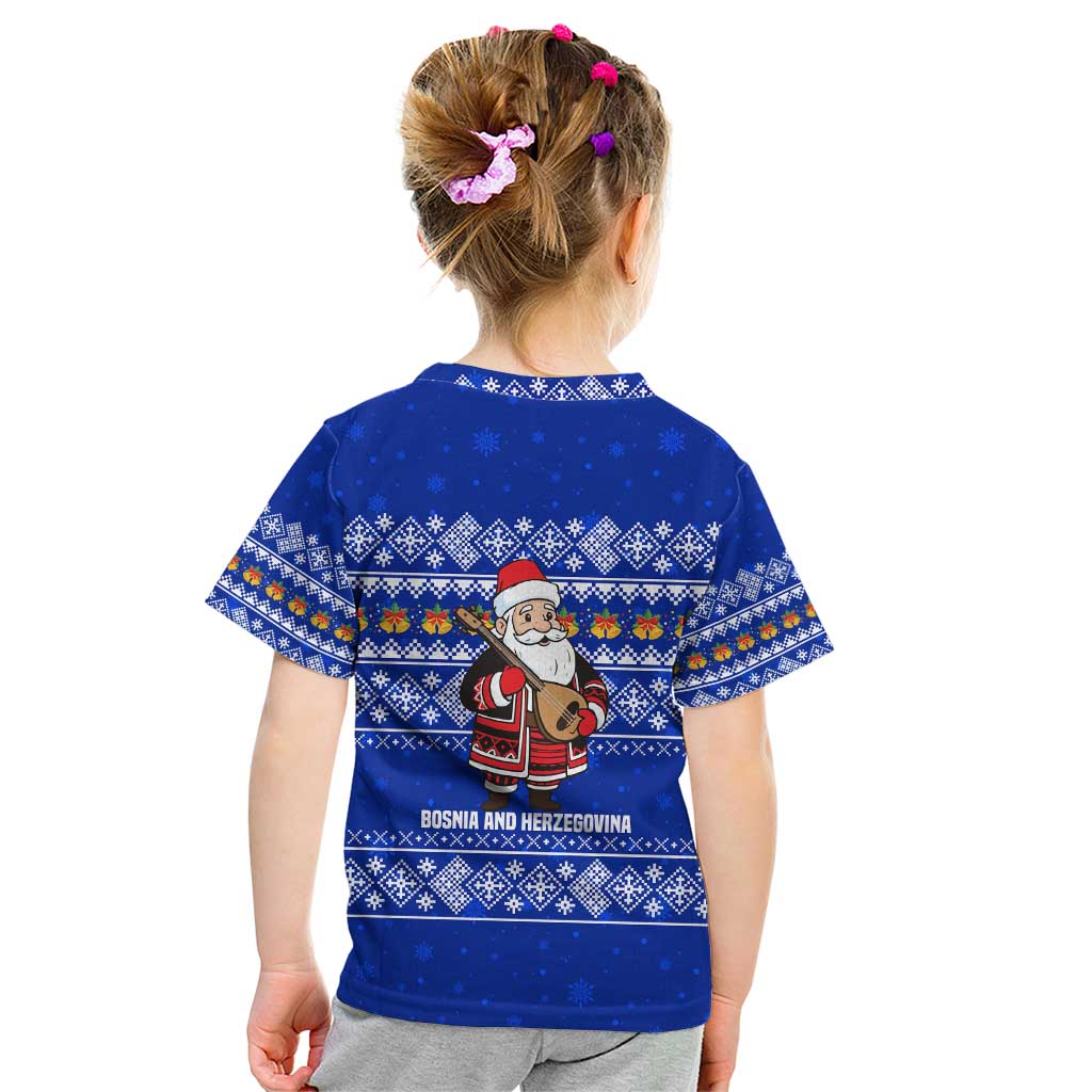 Bosnia and Herzegovina Christmas Kid T Shirt with Santa Playing Traditional Instrument and Blue Snowflake Pattern - Wonder Print Shop