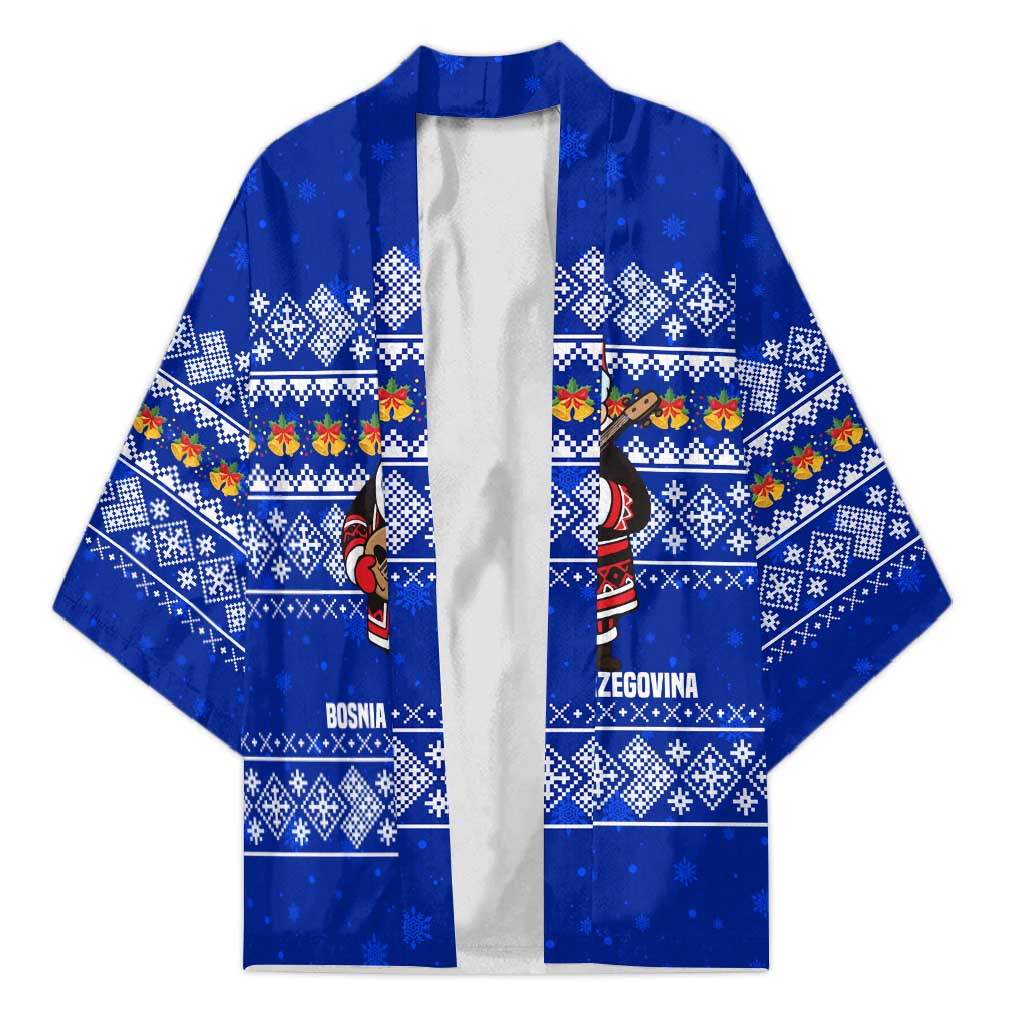 Bosnia and Herzegovina Christmas Kimono with Santa Playing Traditional Instrument and Blue Snowflake Pattern - Wonder Print Shop