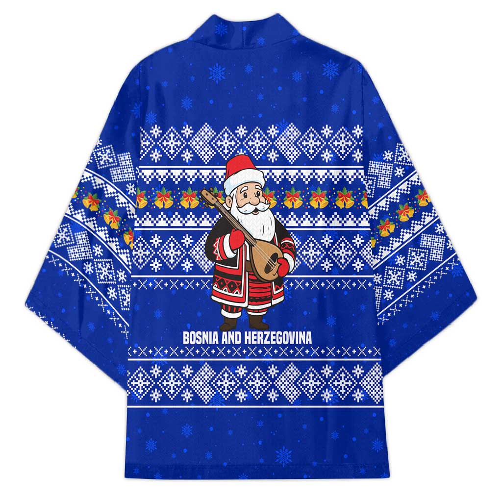 Bosnia and Herzegovina Christmas Kimono with Santa Playing Traditional Instrument and Blue Snowflake Pattern - Wonder Print Shop