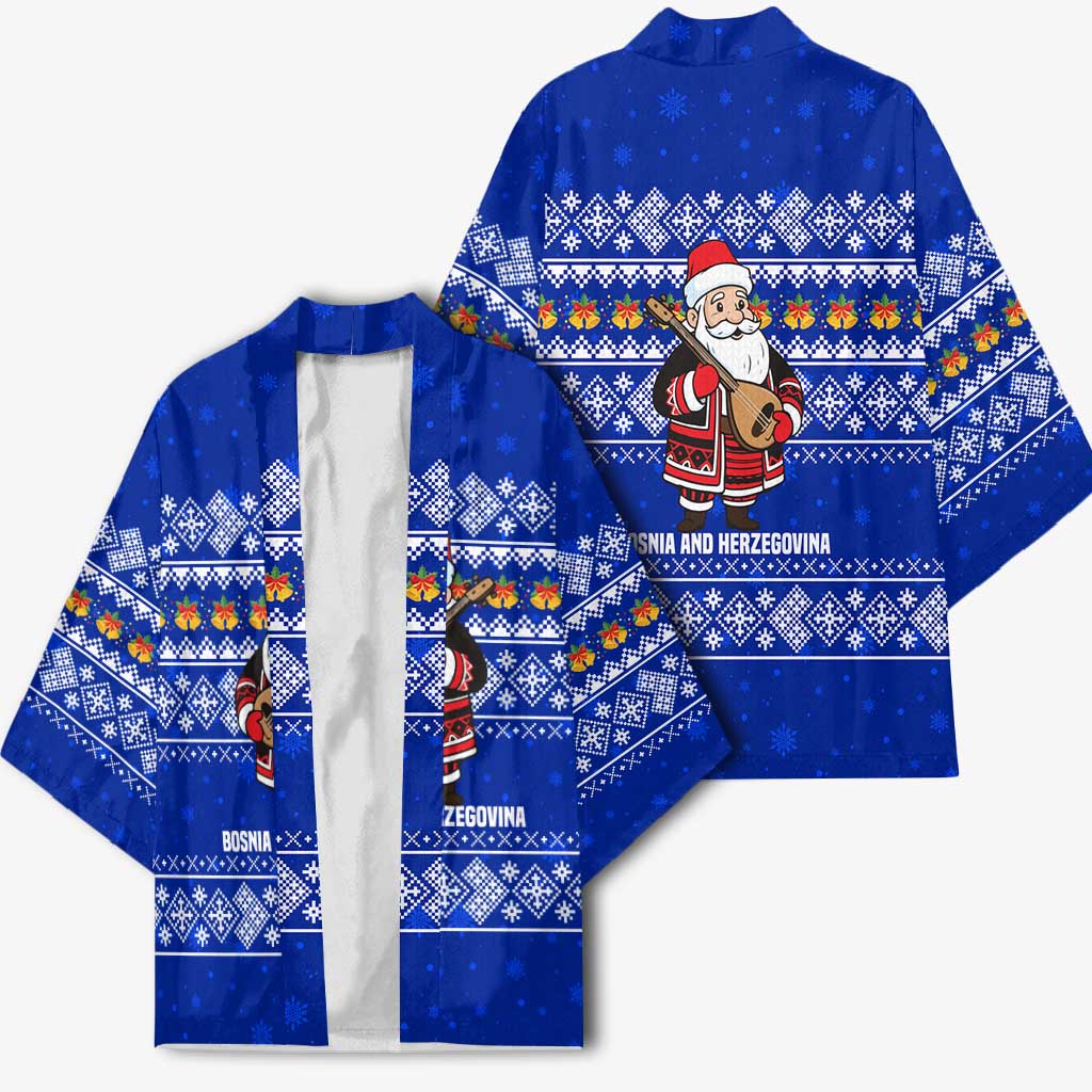 Bosnia and Herzegovina Christmas Kimono with Santa Playing Traditional Instrument and Blue Snowflake Pattern - Wonder Print Shop