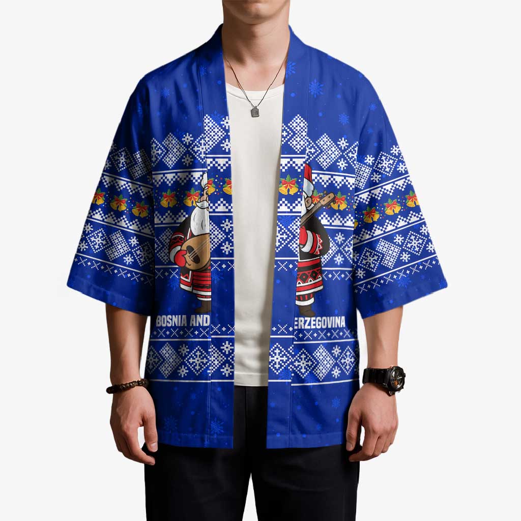 Bosnia and Herzegovina Christmas Kimono with Santa Playing Traditional Instrument and Blue Snowflake Pattern - Wonder Print Shop