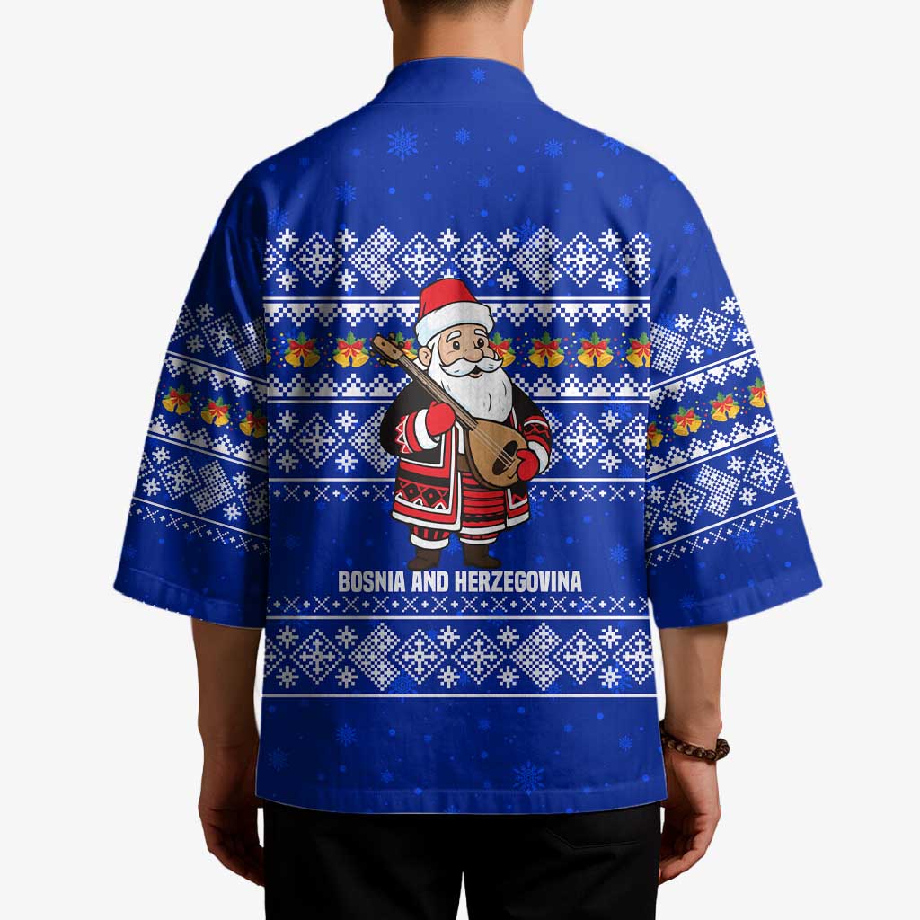 Bosnia and Herzegovina Christmas Kimono with Santa Playing Traditional Instrument and Blue Snowflake Pattern - Wonder Print Shop