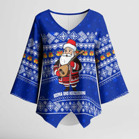 Bosnia and Herzegovina Christmas Kimono Sleeve Blouse with Santa Playing Traditional Instrument and Blue Snowflake Pattern - Wonder Print Shop