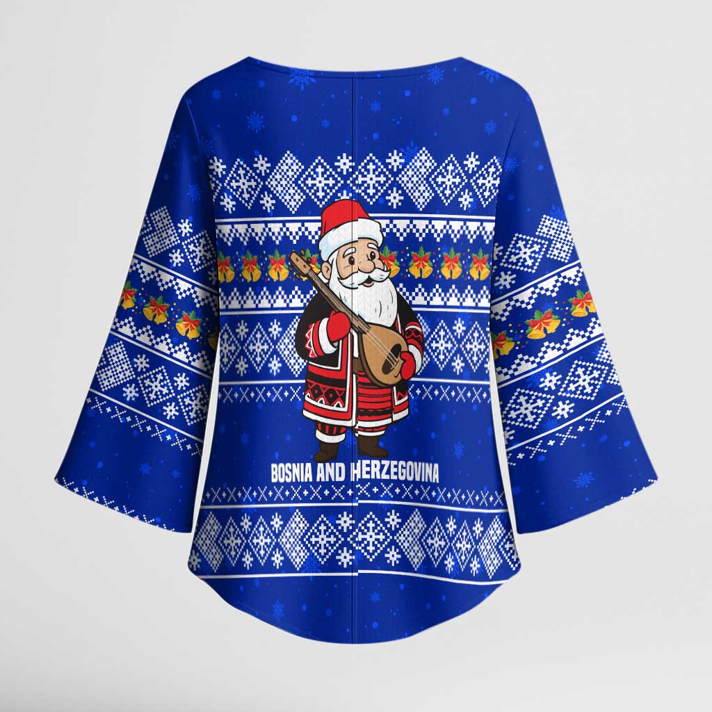 Bosnia and Herzegovina Christmas Kimono Sleeve Blouse with Santa Playing Traditional Instrument and Blue Snowflake Pattern - Wonder Print Shop
