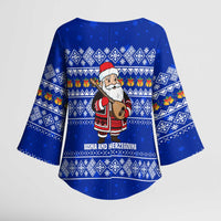Bosnia and Herzegovina Christmas Kimono Sleeve Blouse with Santa Playing Traditional Instrument and Blue Snowflake Pattern - Wonder Print Shop