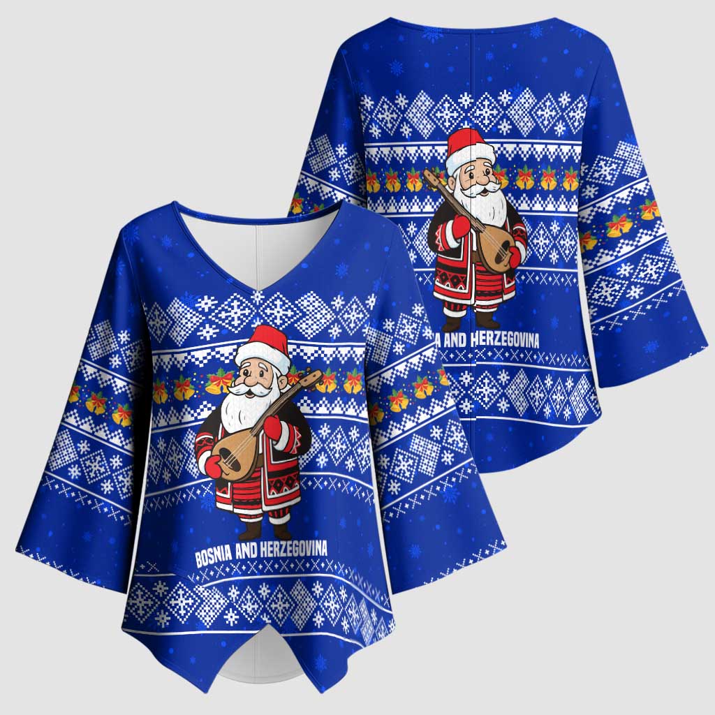 Bosnia and Herzegovina Christmas Kimono Sleeve Blouse with Santa Playing Traditional Instrument and Blue Snowflake Pattern - Wonder Print Shop