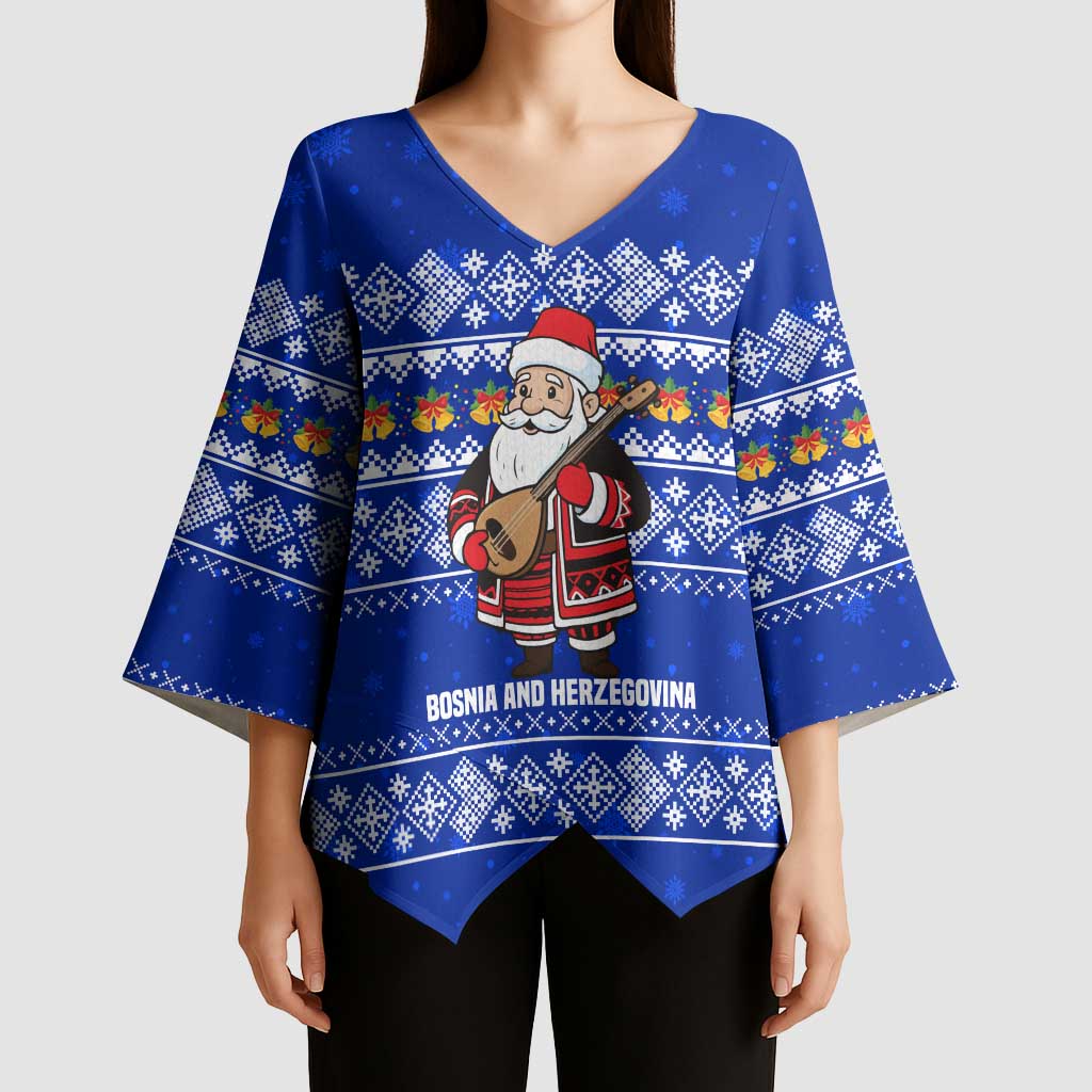 Bosnia and Herzegovina Christmas Kimono Sleeve Blouse with Santa Playing Traditional Instrument and Blue Snowflake Pattern - Wonder Print Shop