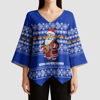 Bosnia and Herzegovina Christmas Kimono Sleeve Blouse with Santa Playing Traditional Instrument and Blue Snowflake Pattern - Wonder Print Shop