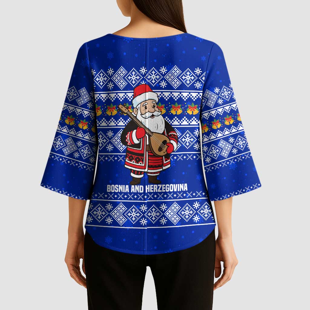 Bosnia and Herzegovina Christmas Kimono Sleeve Blouse with Santa Playing Traditional Instrument and Blue Snowflake Pattern - Wonder Print Shop