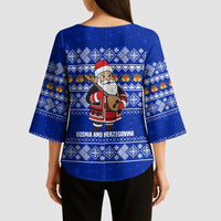 Bosnia and Herzegovina Christmas Kimono Sleeve Blouse with Santa Playing Traditional Instrument and Blue Snowflake Pattern - Wonder Print Shop