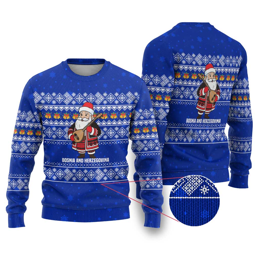 Bosnia and Herzegovina Christmas Ugly Christmas Sweater with Santa Playing Traditional Instrument and Blue Snowflake Pattern - Wonder Print Shop