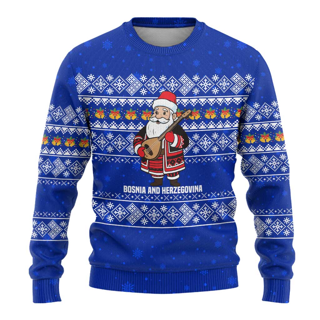 Bosnia and Herzegovina Christmas Ugly Christmas Sweater with Santa Playing Traditional Instrument and Blue Snowflake Pattern - Wonder Print Shop
