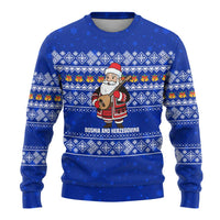 Bosnia and Herzegovina Christmas Ugly Christmas Sweater with Santa Playing Traditional Instrument and Blue Snowflake Pattern - Wonder Print Shop
