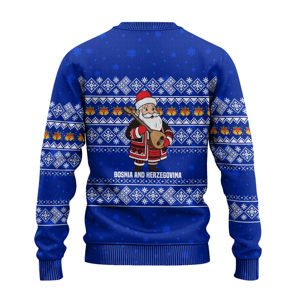 Bosnia and Herzegovina Christmas Ugly Christmas Sweater with Santa Playing Traditional Instrument and Blue Snowflake Pattern - Wonder Print Shop