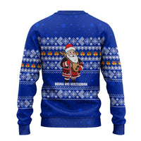 Bosnia and Herzegovina Christmas Ugly Christmas Sweater with Santa Playing Traditional Instrument and Blue Snowflake Pattern - Wonder Print Shop