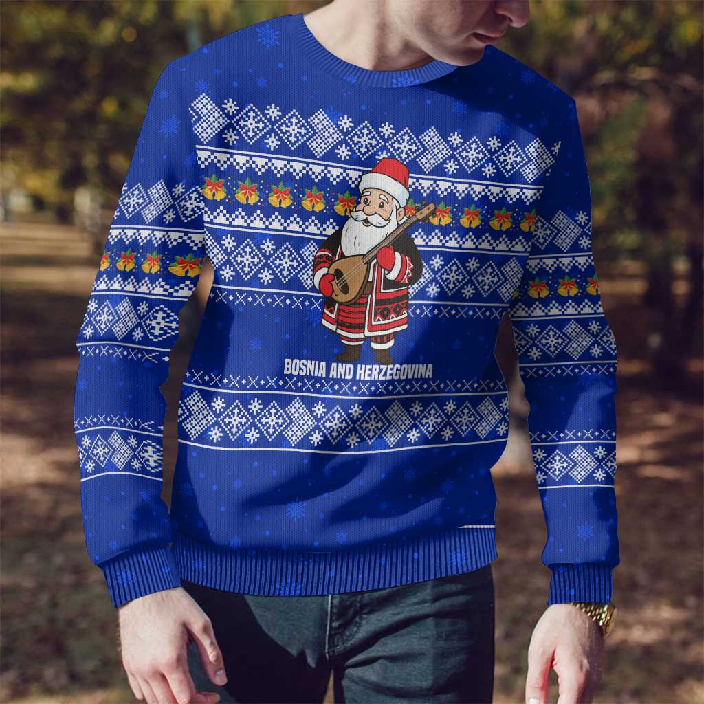 Bosnia and Herzegovina Christmas Ugly Christmas Sweater with Santa Playing Traditional Instrument and Blue Snowflake Pattern - Wonder Print Shop