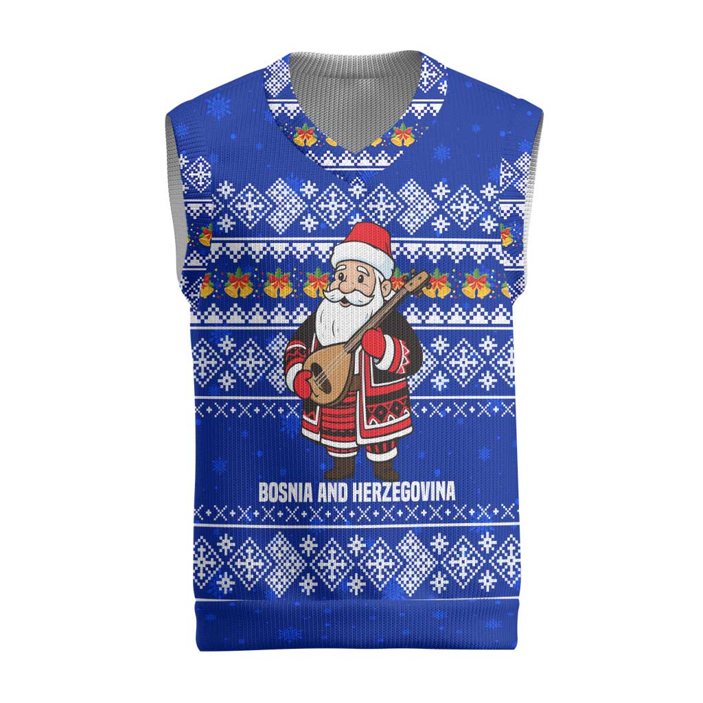 Bosnia and Herzegovina Christmas Knitted V-Neck Vest with Santa Playing Traditional Instrument and Blue Snowflake Pattern - Wonder Print Shop