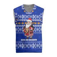 Bosnia and Herzegovina Christmas Knitted V-Neck Vest with Santa Playing Traditional Instrument and Blue Snowflake Pattern - Wonder Print Shop