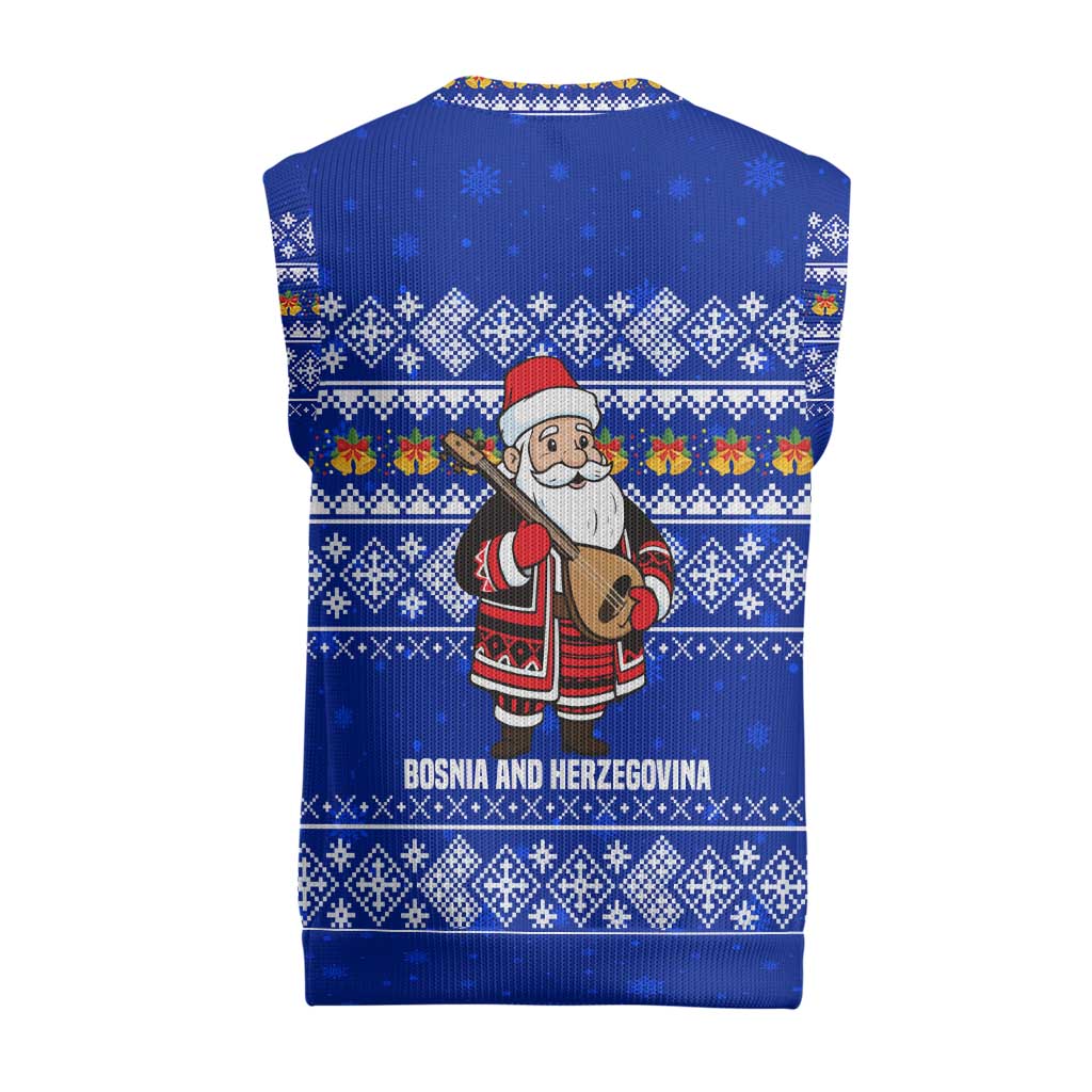 Bosnia and Herzegovina Christmas Knitted V-Neck Vest with Santa Playing Traditional Instrument and Blue Snowflake Pattern - Wonder Print Shop