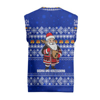 Bosnia and Herzegovina Christmas Knitted V-Neck Vest with Santa Playing Traditional Instrument and Blue Snowflake Pattern - Wonder Print Shop