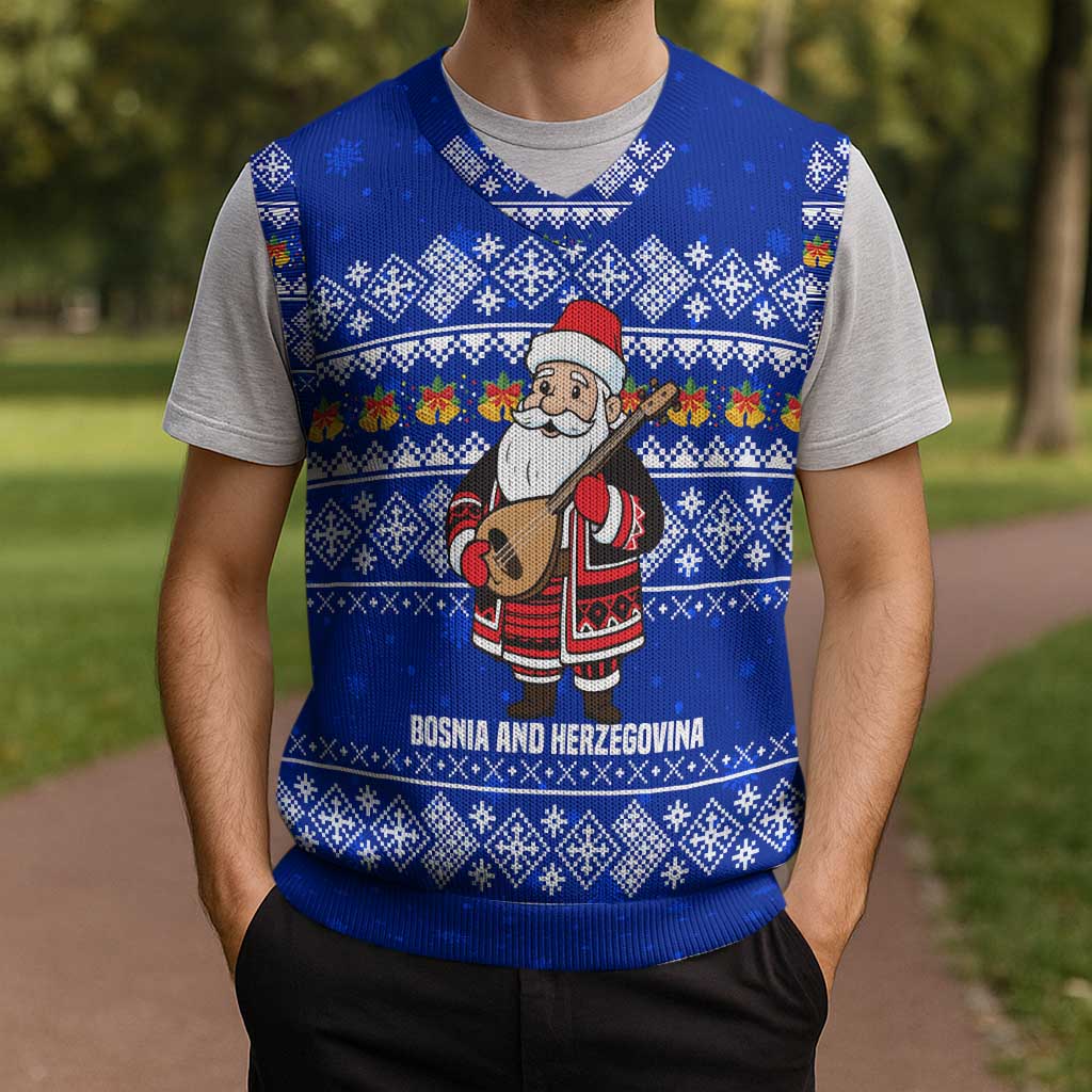 Bosnia and Herzegovina Christmas Knitted V-Neck Vest with Santa Playing Traditional Instrument and Blue Snowflake Pattern - Wonder Print Shop