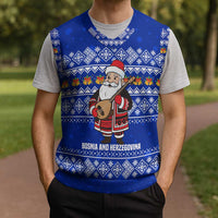 Bosnia and Herzegovina Christmas Knitted V-Neck Vest with Santa Playing Traditional Instrument and Blue Snowflake Pattern - Wonder Print Shop