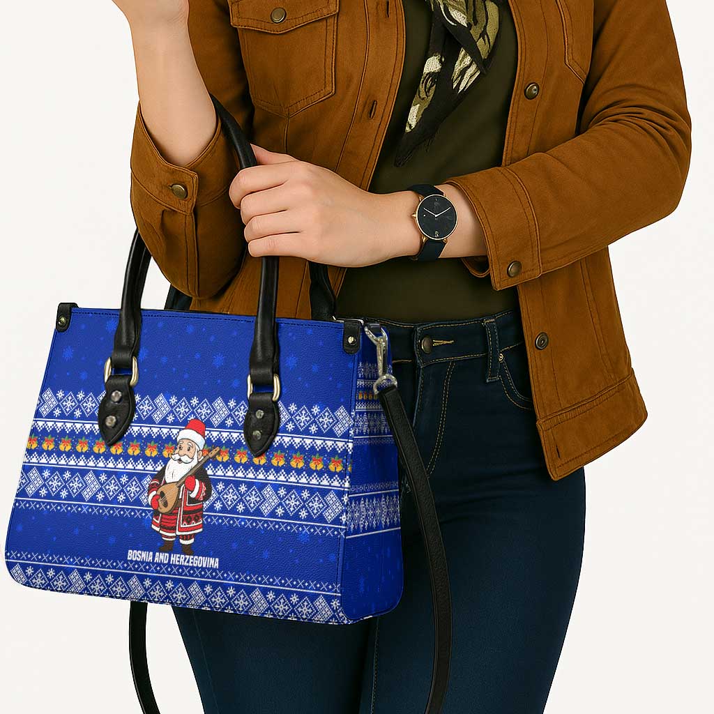 Bosnia and Herzegovina Christmas Leather Bag with Santa Playing Traditional Instrument and Blue Snowflake Pattern - Wonder Print Shop