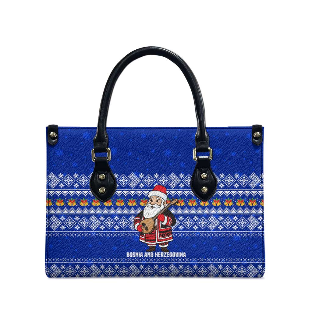 Bosnia and Herzegovina Christmas Leather Bag with Santa Playing Traditional Instrument and Blue Snowflake Pattern - Wonder Print Shop