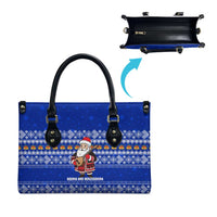 Bosnia and Herzegovina Christmas Leather Bag with Santa Playing Traditional Instrument and Blue Snowflake Pattern - Wonder Print Shop