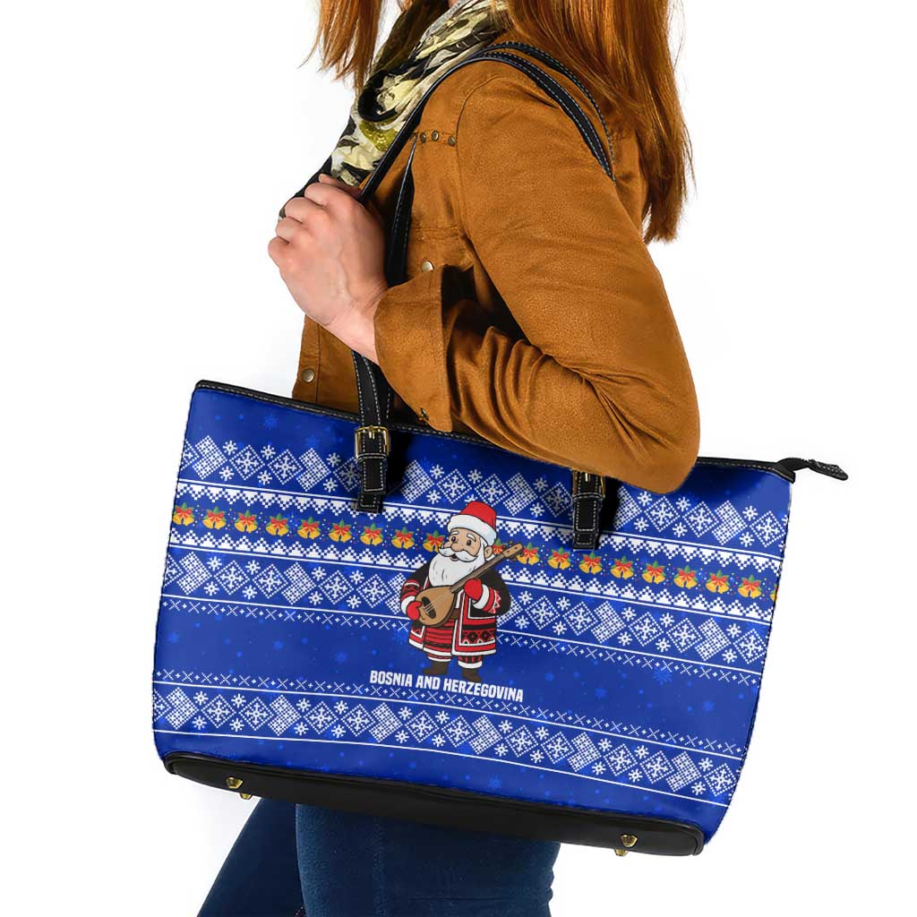 Bosnia and Herzegovina Christmas Leather Tote Bag with Santa Playing Traditional Instrument and Blue Snowflake Pattern - Wonder Print Shop