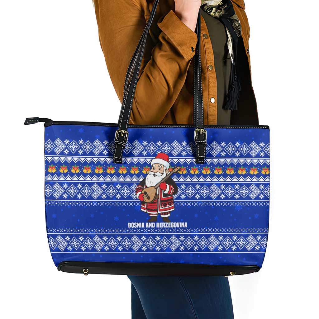 Bosnia and Herzegovina Christmas Leather Tote Bag with Santa Playing Traditional Instrument and Blue Snowflake Pattern - Wonder Print Shop