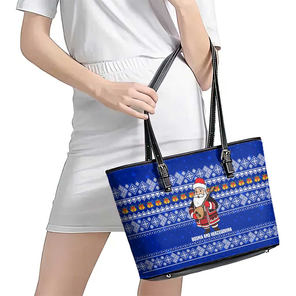 Bosnia and Herzegovina Christmas Leather Tote Bag with Santa Playing Traditional Instrument and Blue Snowflake Pattern - Wonder Print Shop