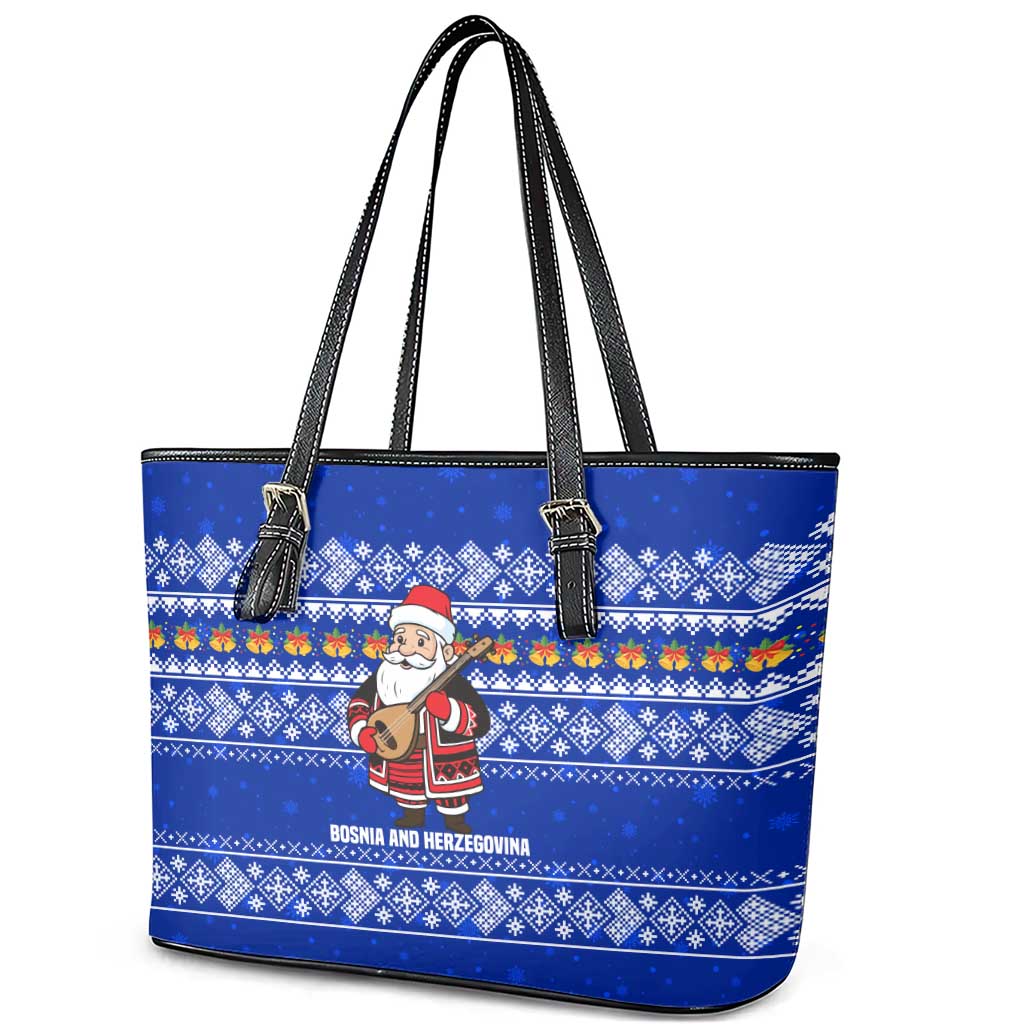 Bosnia and Herzegovina Christmas Leather Tote Bag with Santa Playing Traditional Instrument and Blue Snowflake Pattern - Wonder Print Shop