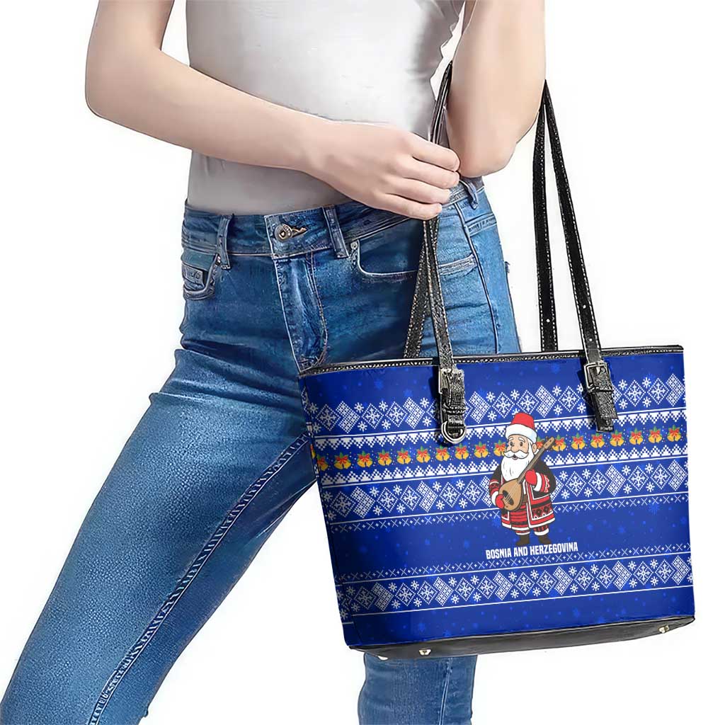 Bosnia and Herzegovina Christmas Leather Tote Bag with Santa Playing Traditional Instrument and Blue Snowflake Pattern - Wonder Print Shop
