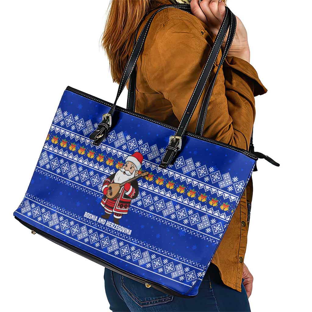 Bosnia and Herzegovina Christmas Leather Tote Bag with Santa Playing Traditional Instrument and Blue Snowflake Pattern - Wonder Print Shop