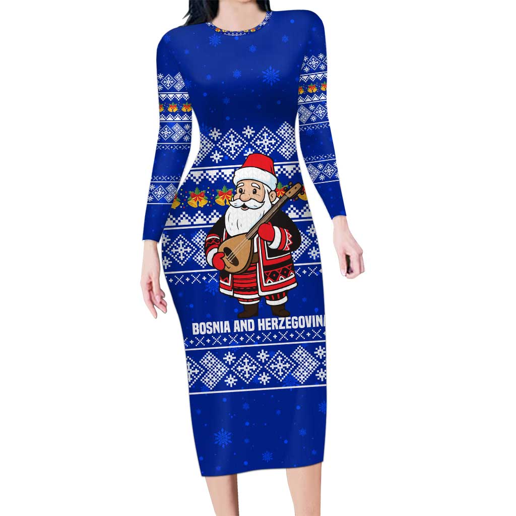Bosnia and Herzegovina Christmas Long Sleeve Bodycon Dress with Santa Playing Traditional Instrument and Blue Snowflake Pattern - Wonder Print Shop