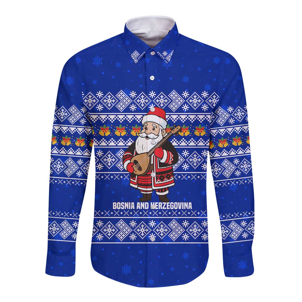 Bosnia and Herzegovina Christmas Long Sleeve Button Shirt with Santa Playing Traditional Instrument and Blue Snowflake Pattern - Wonder Print Shop