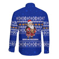 Bosnia and Herzegovina Christmas Long Sleeve Button Shirt with Santa Playing Traditional Instrument and Blue Snowflake Pattern - Wonder Print Shop