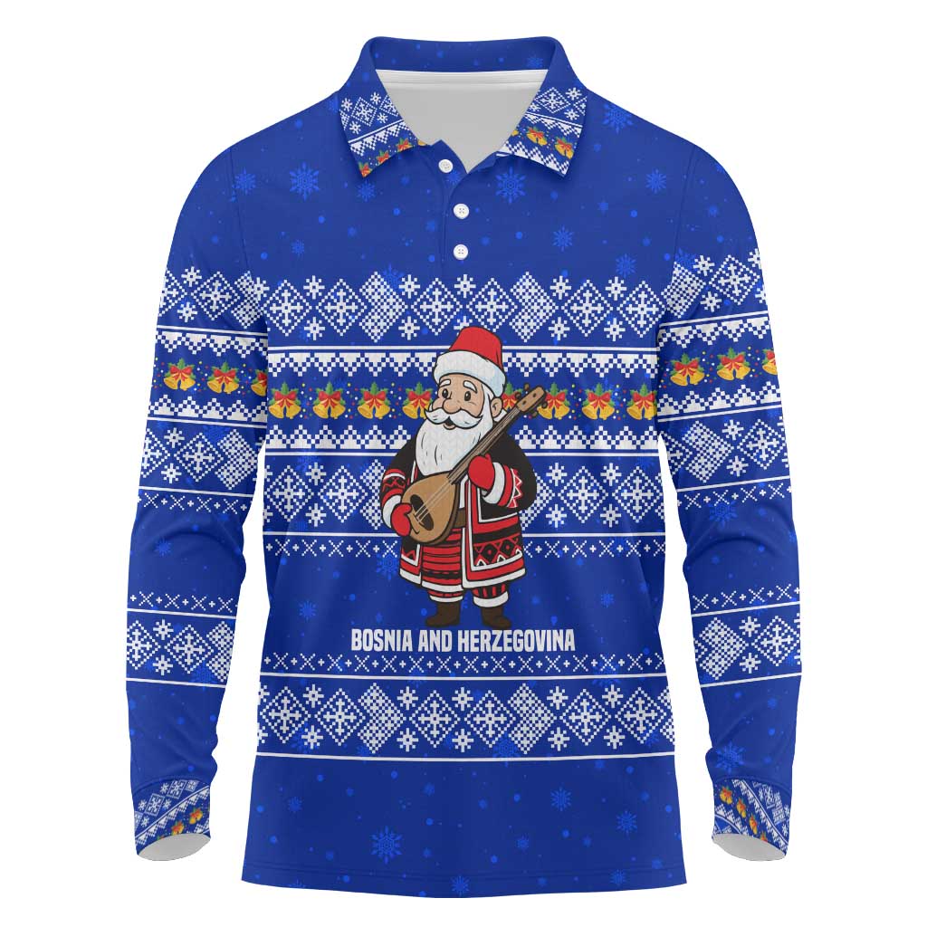 Bosnia and Herzegovina Christmas Long Sleeve Polo Shirt with Santa Playing Traditional Instrument and Blue Snowflake Pattern - Wonder Print Shop