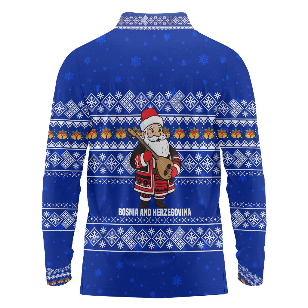 Bosnia and Herzegovina Christmas Long Sleeve Polo Shirt with Santa Playing Traditional Instrument and Blue Snowflake Pattern - Wonder Print Shop