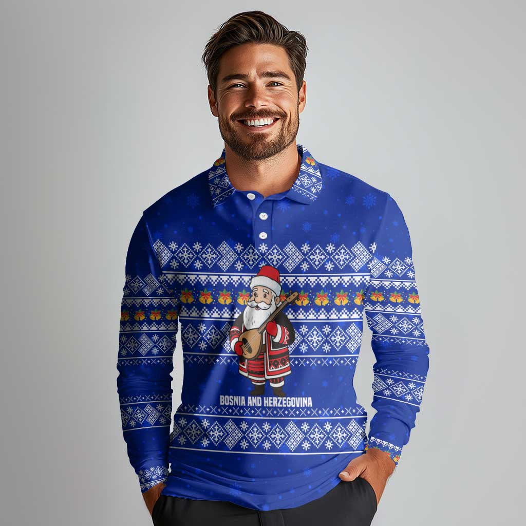 Bosnia and Herzegovina Christmas Long Sleeve Polo Shirt with Santa Playing Traditional Instrument and Blue Snowflake Pattern - Wonder Print Shop