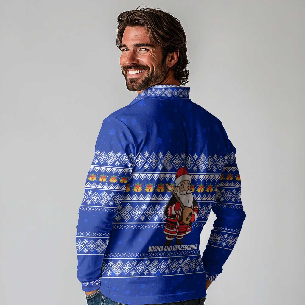 Bosnia and Herzegovina Christmas Long Sleeve Polo Shirt with Santa Playing Traditional Instrument and Blue Snowflake Pattern - Wonder Print Shop