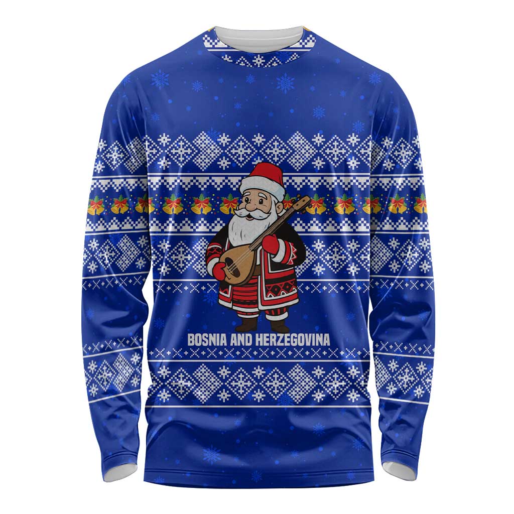 Bosnia and Herzegovina Christmas Long Sleeve Shirt with Santa Playing Traditional Instrument and Blue Snowflake Pattern - Wonder Print Shop