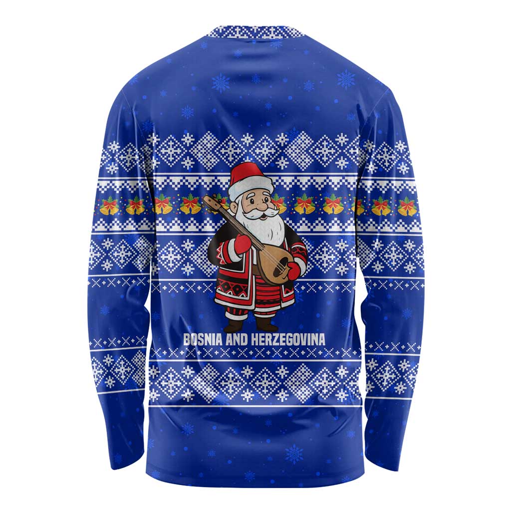 Bosnia and Herzegovina Christmas Long Sleeve Shirt with Santa Playing Traditional Instrument and Blue Snowflake Pattern - Wonder Print Shop