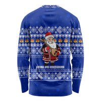 Bosnia and Herzegovina Christmas Long Sleeve Shirt with Santa Playing Traditional Instrument and Blue Snowflake Pattern - Wonder Print Shop