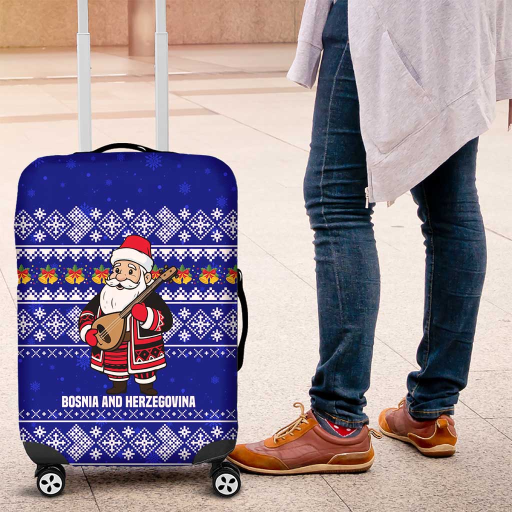 Bosnia and Herzegovina Christmas Luggage Cover with Santa Playing Traditional Instrument and Blue Snowflake Pattern - Wonder Print Shop