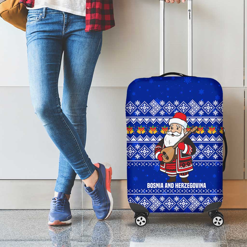 Bosnia and Herzegovina Christmas Luggage Cover with Santa Playing Traditional Instrument and Blue Snowflake Pattern - Wonder Print Shop