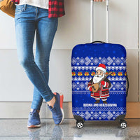Bosnia and Herzegovina Christmas Luggage Cover with Santa Playing Traditional Instrument and Blue Snowflake Pattern - Wonder Print Shop