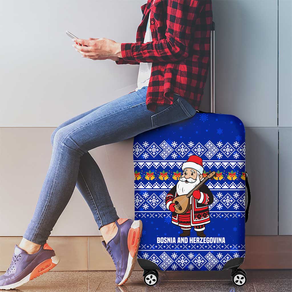 Bosnia and Herzegovina Christmas Luggage Cover with Santa Playing Traditional Instrument and Blue Snowflake Pattern - Wonder Print Shop