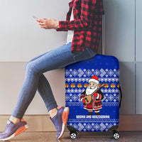 Bosnia and Herzegovina Christmas Luggage Cover with Santa Playing Traditional Instrument and Blue Snowflake Pattern - Wonder Print Shop